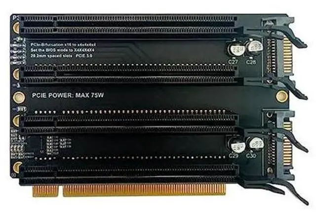 Main image of JMT PCI-E 3.0 x16 1 to 4 Split Card Gen3 PCIe-Bifurcation x16 to x4x4x4x4 Expansion Card 20.2mm Spaced Slots SATA Power Supply Port
