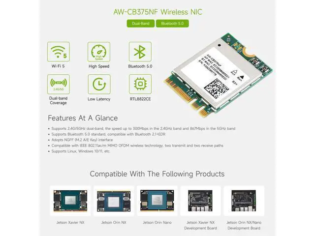 Alt view image 4 of 7 - AW-CB375NF Dual-Band Wireless NIC, 2.4G/5GHz WiFi 5, NGFF(M.2 A/E Key) Interface, RTL8822CE-CG Core, Support BLE 5.0, High Speed for Jetson Xavier NX, Orin NX, Orin Nano