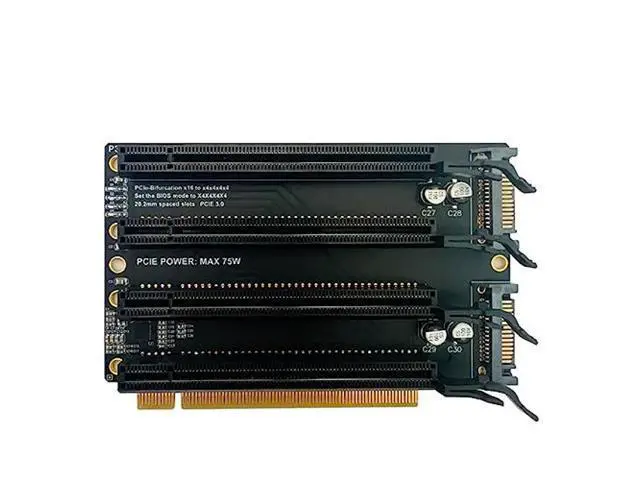 Alt view image 4 of 6 - JMT PCI-E 3.0 x16 1 to 4 Split Card Gen3 PCIe-Bifurcation x16 to x4x4x4x4 Expansion Card 20.2mm Spaced Slots SATA Power Supply Port