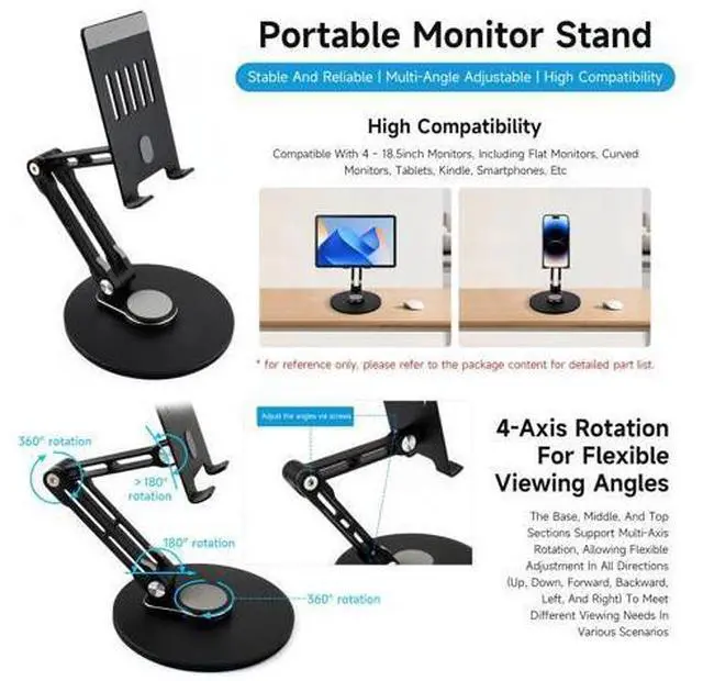 Alt view image 3 of 5 - Portable Monitor Adjustable Stand, Compatible with 4~18.5inch Monitors, Supports Multi-axis Rotation, Weighted Base and Ergonomic Design, Foldable for Easy Storage