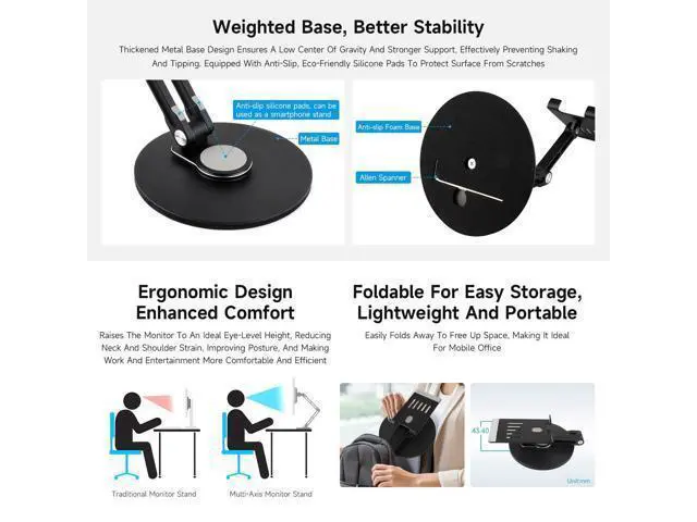 Alt view image 4 of 5 - Portable Monitor Adjustable Stand, Compatible with 4~18.5inch Monitors, Supports Multi-axis Rotation, Weighted Base and Ergonomic Design, Foldable for Easy Storage