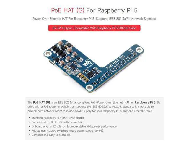 Alt view image 3 of 7 - PoE HAT (G), Compatible with Raspberry Pi 5, 5V 5A Output, Stable Performance, Supports 802.3af/at Network Standard, Power Over Ethernet HAT (G), Suitable for RPi 5 Official Case