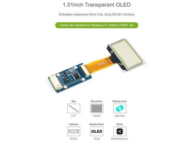 Alt view image 3 of 7 - 1.51inch Transparent OLED 128×64 Resolution Compatible with Raspberry Pi 4B/3B+/3A+ Embedded Independent Driver Chip SPI/I2C Interfaces Light Blue Color Display