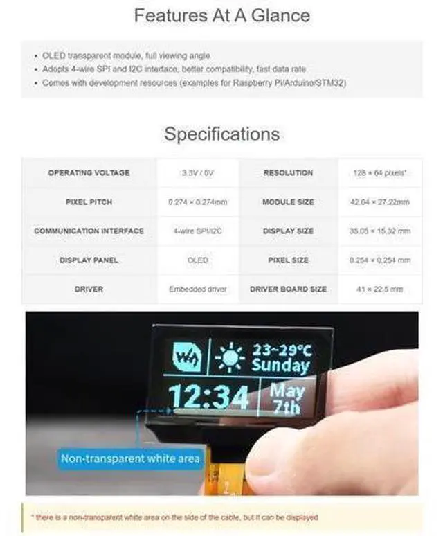 Alt view image 4 of 7 - 1.51inch Transparent OLED 128×64 Resolution Compatible with Raspberry Pi 4B/3B+/3A+ Embedded Independent Driver Chip SPI/I2C Interfaces Light Blue Color Display
