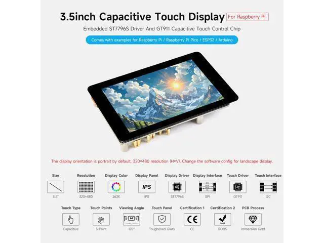 Alt view image 3 of 7 - 3.5inch Capacitive Touch Display, Compatible with Raspberry Pi 5/4B/3B, Pi Pico, IPS Panel, 320×480, 5-Point Touch, Immersion Gold Process, Toughened Glass Panel