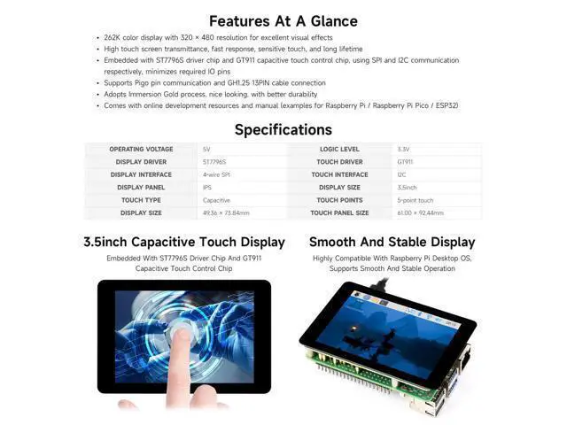 Alt view image 4 of 7 - 3.5inch Capacitive Touch Display, Compatible with Raspberry Pi 5/4B/3B, Pi Pico, IPS Panel, 320×480, 5-Point Touch, Immersion Gold Process, Toughened Glass Panel