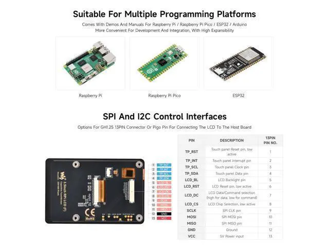 Alt view image 6 of 7 - 3.5inch Capacitive Touch Display, Compatible with Raspberry Pi 5/4B/3B, Pi Pico, IPS Panel, 320×480, 5-Point Touch, Immersion Gold Process, Toughened Glass Panel