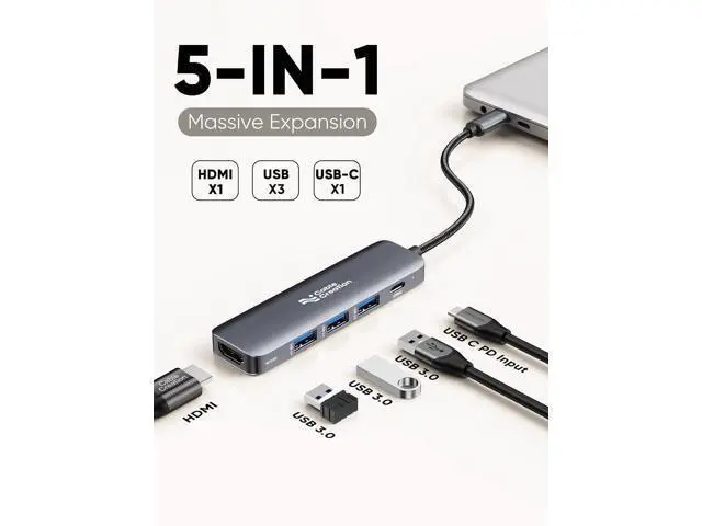 Alt view image 2 of 7 - USB C Hub, 5-in-1 USB C to HDMI Multiport Adapter, 100W PD, 3 USB 3.0 Ports for MacBook Pro, MacBook Air M1/M2, iPad Pro, Surface Pro, XPS