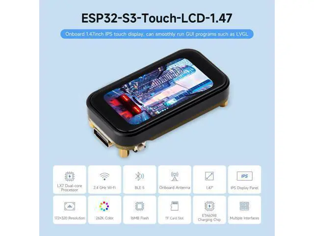 Alt view image 3 of 7 - ESP32-S3 1.47inch Touch Display Development Board, 172×320 Resolution, 262K Display Color, Supports 2.4GHz Wi-Fi/BLE 5, 240MHz LX7 Dual-core Processor, with Pinheader
