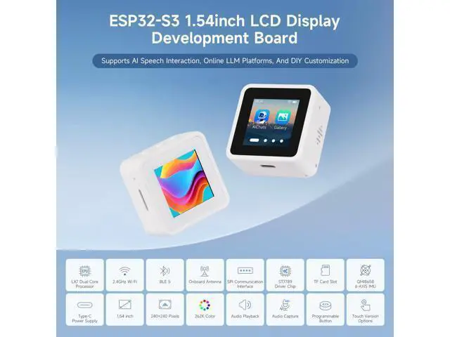 Alt view image 3 of 7 - ESP32-S3 1.54inch LCD Display Development Board, 240 × 240 Resolution, 262K Color, Supports Dual Microphones, 2.4GHz Wi-Fi and BLE 5, with Touch Function, no BAT