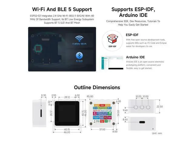 Alt view image 7 of 7 - ESP32-S3 1.54inch LCD Display Development Board, 240 × 240 Resolution, 262K Color, Supports Dual Microphones, 2.4GHz Wi-Fi and BLE 5, with Touch Function, no BAT