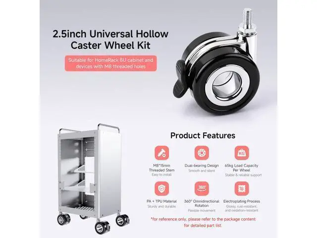Alt view image 3 of 5 - HomeRack 2.5inch (60mm) Hollow Caster Wheel kit with Brake, Includes 4 Caster Wheels, Suitable for Devices with Standard M8 Threaded mounting Holes, 65kg Load Capacity per Wheel