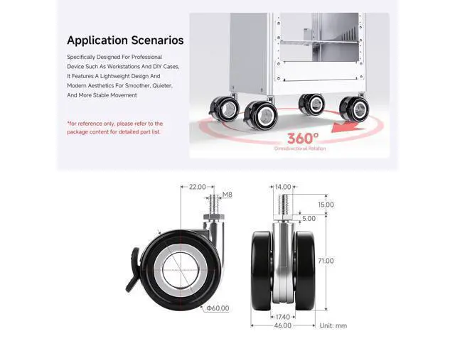 Alt view image 5 of 5 - HomeRack 2.5inch (60mm) Hollow Caster Wheel kit with Brake, Includes 4 Caster Wheels, Suitable for Devices with Standard M8 Threaded mounting Holes, 65kg Load Capacity per Wheel