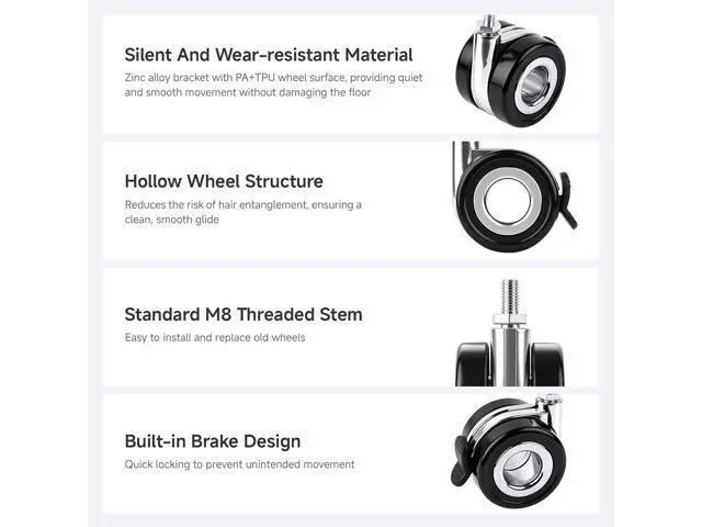 Alt view image 4 of 5 - HomeRack 2.5inch (60mm) Hollow Caster Wheel kit with Brake, Includes 4 Caster Wheels, Suitable for Devices with Standard M8 Threaded mounting Holes, 65kg Load Capacity per Wheel