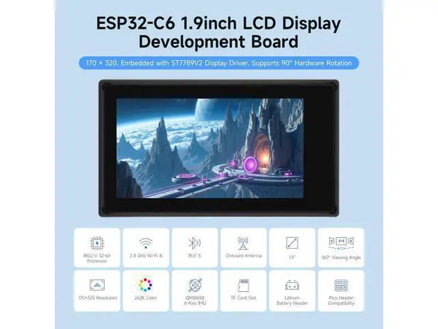Alt view image 3 of 7 - ESP32-C6 1.9inch Display Development Board, 170×320 Pixels, 262K Colors, 160MHz RISC-V Single-core Processor, WiFi 6 & Bluetooth, 90° Rotation Support, ESP32 with Display Integration
