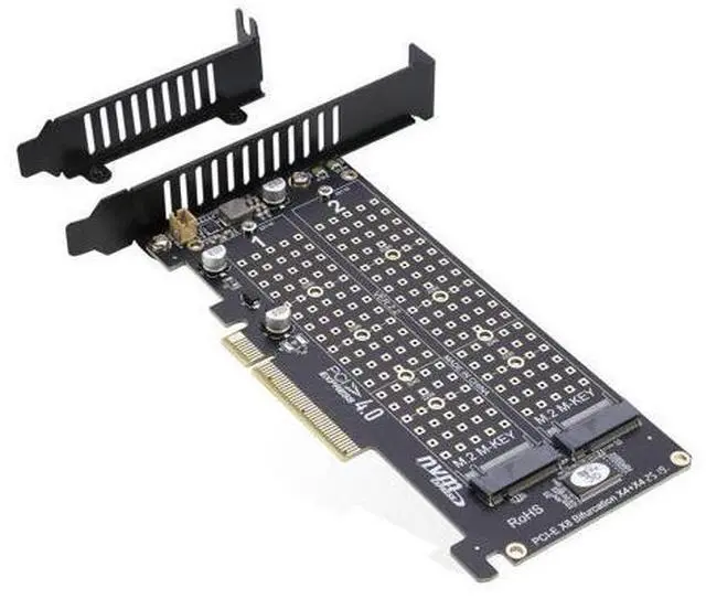 Main image of Dual M.2 NVMe to PCIe Adapter, PCIe 4.0 x8 to 2-Port NVMe (M-Key) Slot Support SSD 22110/2280/2260/2242/2230 (PCIe Bifurcation Required)