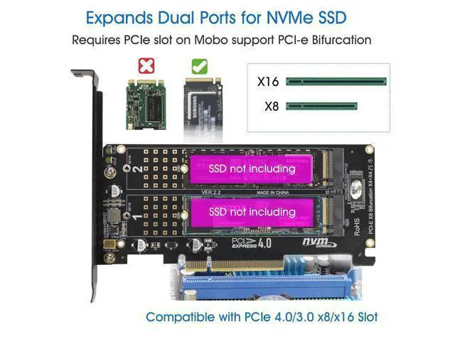 Alt view image 2 of 6 - Dual M.2 NVMe to PCIe Adapter, PCIe 4.0 x8 to 2-Port NVMe (M-Key) Slot Support SSD 22110/2280/2260/2242/2230 (PCIe Bifurcation Required)