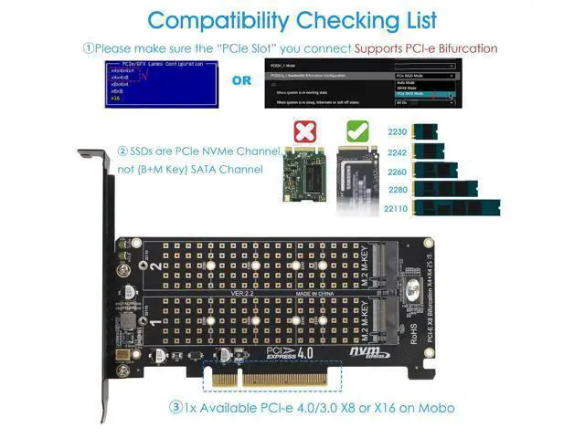 Alt view image 3 of 6 - Dual M.2 NVMe to PCIe Adapter, PCIe 4.0 x8 to 2-Port NVMe (M-Key) Slot Support SSD 22110/2280/2260/2242/2230 (PCIe Bifurcation Required)