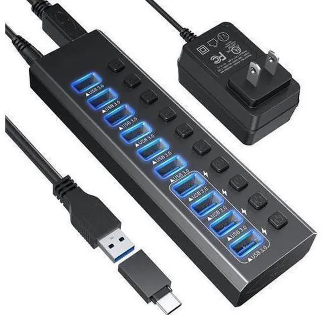Main image of Powered USB Hub, 10-Port USB 3.0 Hub with 48W Power Adapter, Aluminum USB Splitter Including 10 port 5Gbps USB-A 3.0 Ports for PC, Laptop and More