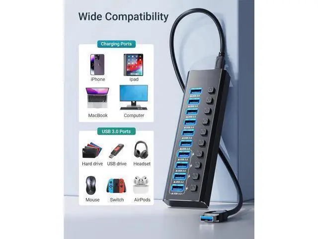 Alt view image 4 of 7 - Powered USB Hub, 10-Port USB 3.0 Hub with 48W Power Adapter, Aluminum USB Splitter Including 10 port 5Gbps USB-A 3.0 Ports for PC, Laptop and More