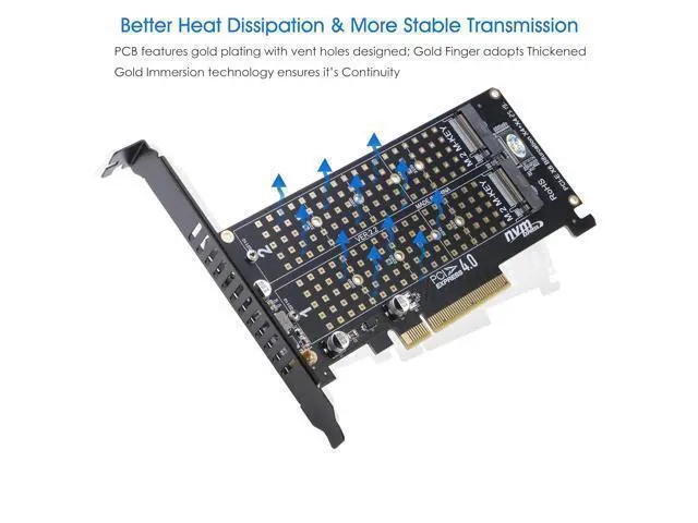 Alt view image 5 of 6 - Dual M.2 NVMe to PCIe Adapter, PCIe 4.0 x8 to 2-Port NVMe (M-Key) Slot Support SSD 22110/2280/2260/2242/2230 (PCIe Bifurcation Required)