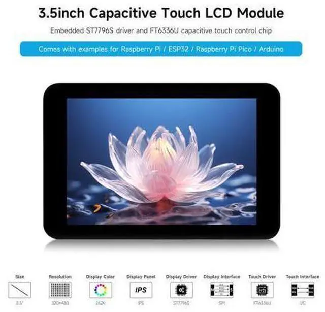 Alt view image 3 of 7 - 3.5inch Capacitive Touch Display Module, Compatible with Raspberry Pi 5/4B/3B/Zero/Zero W/Zero 2W/Pico W/WH/ ESP32 / Arduino,320×480 Resolution, IPS Display