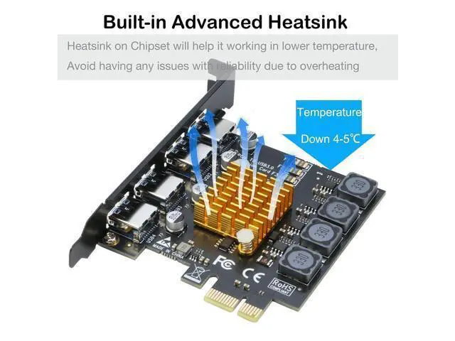 Alt view image 2 of 7 - USB 3.0 PCIe Card 4-Port PCI Express x1 to USB 3.0 Expansion Adapter Internal USB3 HUB on PC for Win 11/10 (No Additional Power Required)