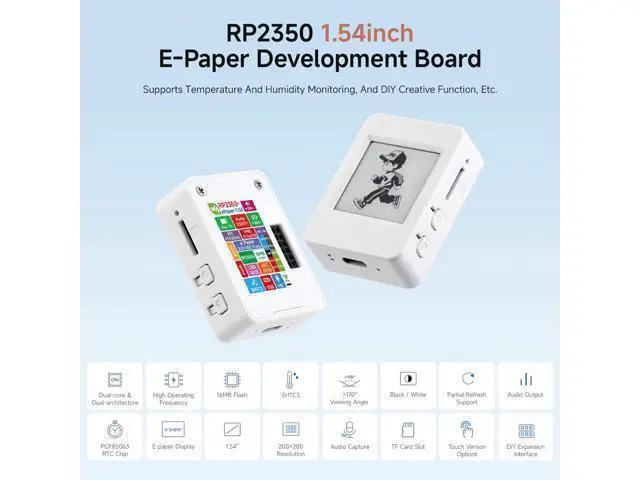 Alt view image 3 of 7 - RP2350A 1.54inch E-Paper Display Development Board, 200 × 200 Resolution, Dual-core & Dual-Architecture, 12 × Programmable I/O (PIO) State Machines, with Touch Control, No Batt