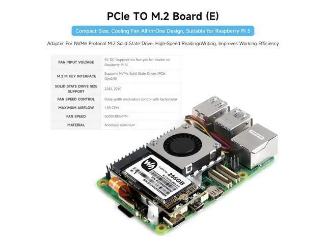Alt view image 3 of 7 - PCIe to M.2 Adapter Board (E), Compatible with Raspberry Pi 5, with Cooling Fan, Support 2242/2230 Size NVMe Protocol M.2 S S D, 8Gbps Data Rate, High-Speed Reading/Writing
