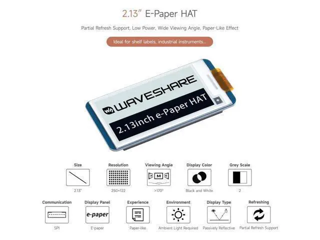 Alt view image 3 of 7 - 2.13inch E-Ink Display HAT V4 Version Compatible with Raspberry Pi Raspberry Pi 5/4B/3B/Zero/Zero W/Zero 2W/Pico/Pico W/Pico WH, 250x122 Resolution SPI Interface Supports Partial Refresh