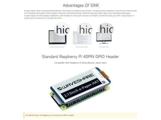 Alt view image 5 of 7 - 2.13inch E-Ink Display HAT V4 Version Compatible with Raspberry Pi Raspberry Pi 5/4B/3B/Zero/Zero W/Zero 2W/Pico/Pico W/Pico WH, 250x122 Resolution SPI Interface Supports Partial Refresh