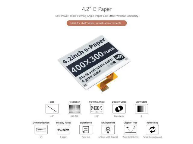Alt view image 3 of 7 - 4.2inch E-Ink Raw Display Compatible with Raspberry Pi 4B/3B+/3B/2B/B+/A+/Zero/Zero W/WH/Zero 2W Series Boards 400x300 Resolution with SPI Interface Without PCB