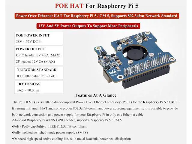 Alt view image 2 of 7 - Power Over Ethernet HAT PoE HAT with Metal Heatsink for Raspberry Pi 5, Onboard Cooling Fan, Supports 802.3af/at Network, 12V and 5V Power Outputs Easy for More Peripherals