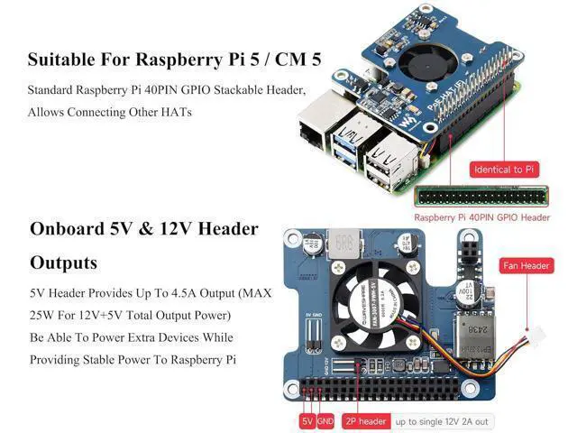 Alt view image 3 of 7 - Power Over Ethernet HAT PoE HAT with Metal Heatsink for Raspberry Pi 5, Onboard Cooling Fan, Supports 802.3af/at Network, 12V and 5V Power Outputs Easy for More Peripherals