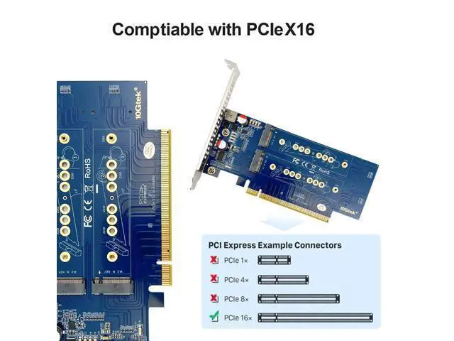 Alt view image 6 of 7 - 4-Port PCIe 3.0 x16 NVMe M.2 SSD Adapter Card M-Key, Quad M.2 2280 SSD Expansion, Backward Compatible with PCIe 2.0/1.0, Requires BIOS Bifurcation