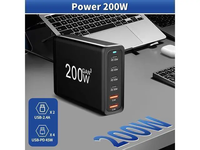 Alt view image 4 of 7 - GaN 200W 6-Port USB-C USB-A Charger QC3.0 PD3.0 Type C Fast Charging Mobile Phone Charging Station for Various Brands of Mobile Phones Tablet PC