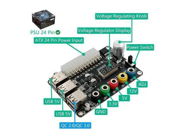 Alt view image 7 of 7 - 24 Pins ATX Power Supply Breakout Board and Acrylic Case Kit Module Adapter PC Power Connector Support 3.3V/5V/12V 1.8V-10.8V(ADJ) (1piece Black)