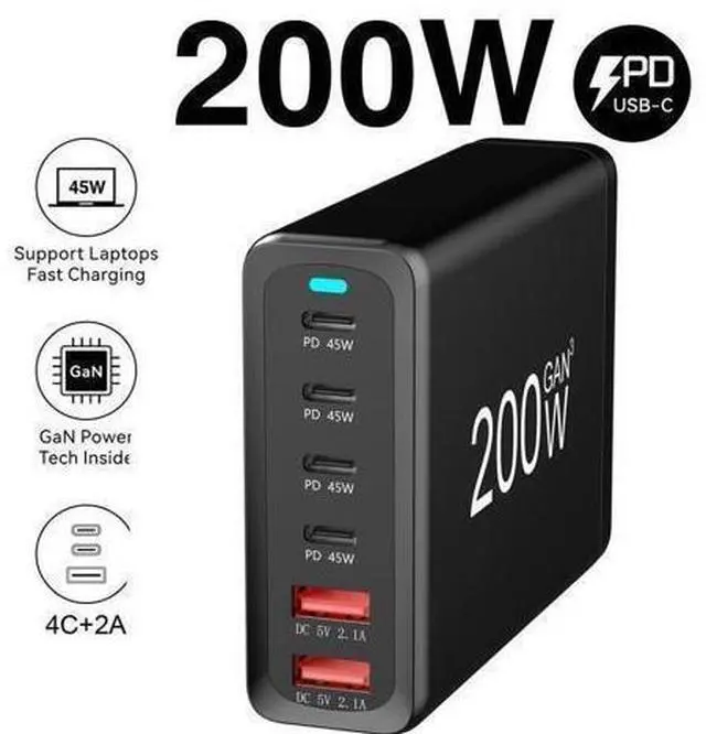 Main image of GaN 200W 6-Port USB-C USB-A Charger QC3.0 PD3.0 Type C Fast Charging Mobile Phone Charging Station for Various Brands of Mobile Phones Tablet PC