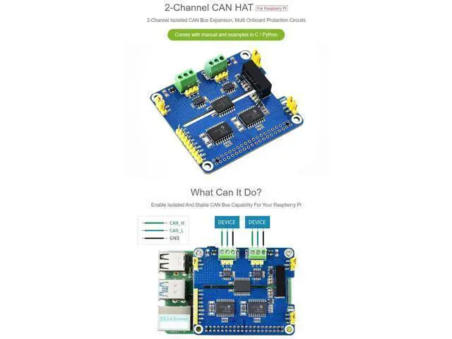 Alt view image 3 of 7 - 2-Channel Isolated CAN Bus Expansion HAT, Compatible with Raspberry Pi 5/4B/3B/Zero/Zero W/Zero 2W/Pico/Pico W/Pico WH,MCP2515 + SN65HVD230 Dual Chips Solution, Multi Protection Circuits