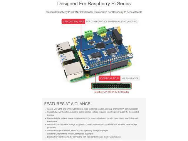 Alt view image 4 of 7 - 2-Channel Isolated CAN Bus Expansion HAT, Compatible with Raspberry Pi 5/4B/3B/Zero/Zero W/Zero 2W/Pico/Pico W/Pico WH,MCP2515 + SN65HVD230 Dual Chips Solution, Multi Protection Circuits