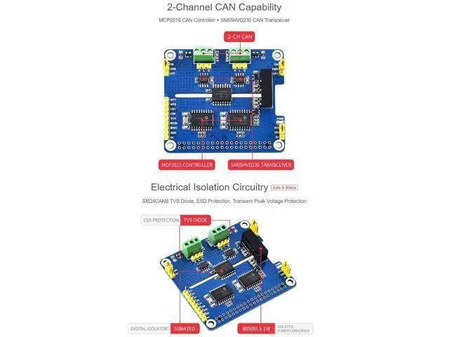 Alt view image 5 of 7 - 2-Channel Isolated CAN Bus Expansion HAT, Compatible with Raspberry Pi 5/4B/3B/Zero/Zero W/Zero 2W/Pico/Pico W/Pico WH,MCP2515 + SN65HVD230 Dual Chips Solution, Multi Protection Circuits