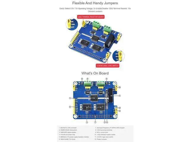 Alt view image 6 of 7 - 2-Channel Isolated CAN Bus Expansion HAT, Compatible with Raspberry Pi 5/4B/3B/Zero/Zero W/Zero 2W/Pico/Pico W/Pico WH,MCP2515 + SN65HVD230 Dual Chips Solution, Multi Protection Circuits