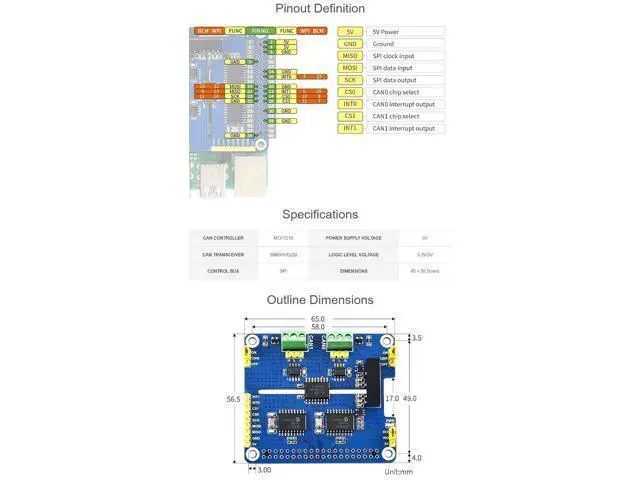 Alt view image 7 of 7 - 2-Channel Isolated CAN Bus Expansion HAT, Compatible with Raspberry Pi 5/4B/3B/Zero/Zero W/Zero 2W/Pico/Pico W/Pico WH,MCP2515 + SN65HVD230 Dual Chips Solution, Multi Protection Circuits
