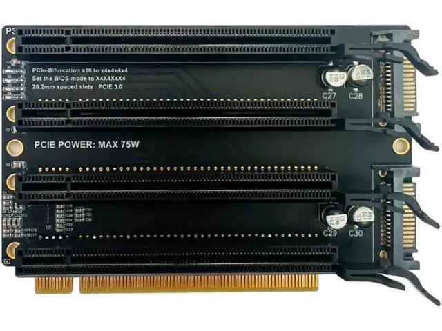 Alt view image 3 of 7 - PCI-E 3.0 x16 1 to 4 Split Card Gen3 PCIe-Bifurcation x16 to x4x4x4x4 Expansion Card 20.2mm Spaced Slots SATA Power Supply Port