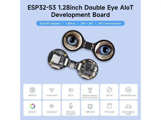 Alt view image 3 of 7 - ESP32-S3 1.28inch Double Eye Round LCD AIoT Development Board, with Dual 1.28inch IPS Displays, 240 × 240 Resolution, Dual-core 240MHz Processor, Wi-Fi/Bluetooth 5 Support