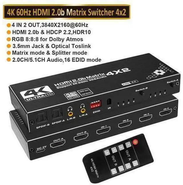 Main image of 4K@60Hz 4X2HDMI Matrix, 4 in 2 Out Switcher with HDR10,2xSPDIF Audio, 2x3.5mm L/R Audio, EDID, Downscaler 4K to 1080P and RGB 8:8:8(Dolby ATMOS)