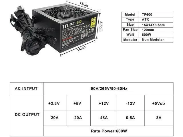 Alt view image 3 of 3 - 600W Atx Power Supply Active PFC PC 120mm Silent Fan 80Plus Gold For Mini Chassis Small Computer Case Desktop Power Supply