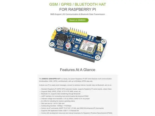 Alt view image 3 of 7 - GSM/GPRS HAT, Compatible with Raspberry Pi 5/4B/3B/Zero/Zero W/Zero 2W/Pico/Pico W/Pico WH,Jetson Nano Based on SIM800C Support SMS Data Transfer ect, 2G Communication