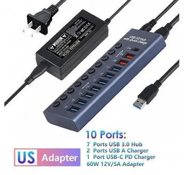 Main image of XJYLCPC 10-Port Powered USB 3.0 Hub with 7 USB 3.0 Data Transmission Ports + 2 Smart Charging Ports + 1 PD Charging Port, USB Splitter for Laptop/PC, work for Mouse, Keyboard, Hard Drive