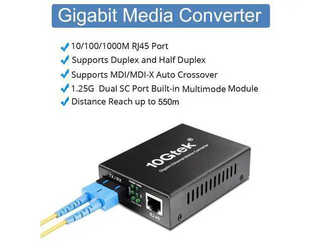Alt view image 2 of 7 - Gigabit SC to RJ45 Fiber Media Converter, Multimode Fiber to Ethernet Converter, 10/100/1000Mbps RJ45 Port to 1000Mbps Multi-Mode Fiber Dual SC Port, MMF, 850nm, up to 550m, Auto-Negotiation
